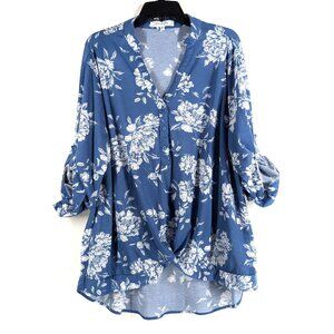 EDEN & OLIVIA Blouse Women's 3X Blue Floral V‎ Neck Button Roll Tab